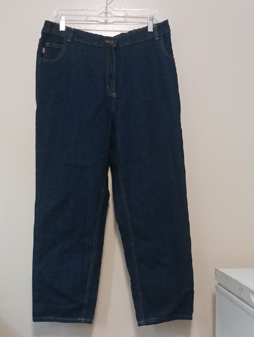 Woman Within Blue Denim Jeans with Yellow Topstitching Size 14wp A-27
